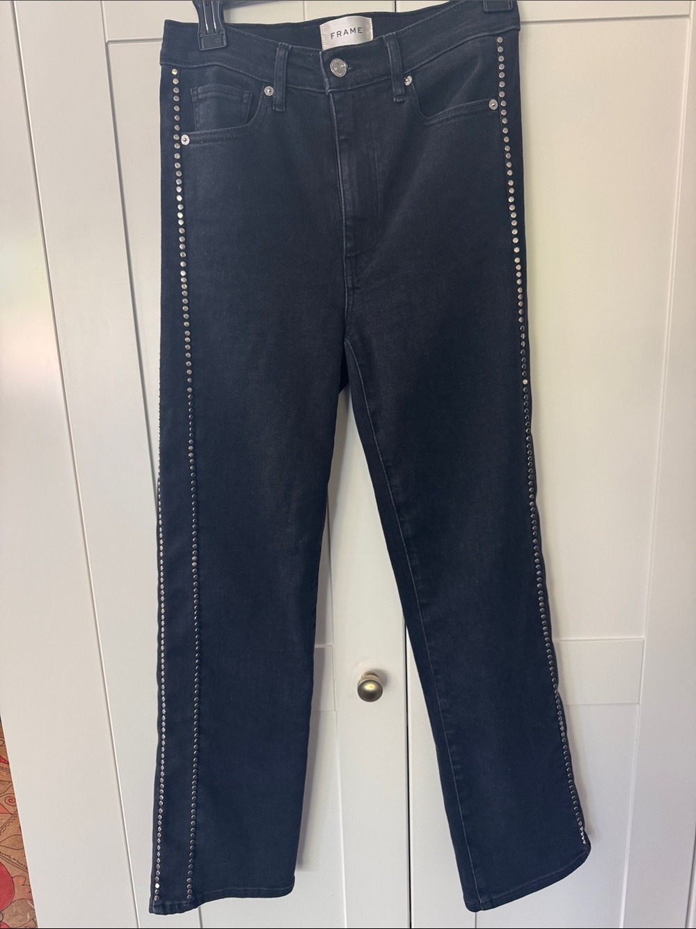 Frame Denim Black Straight Jeans with Side Stud Trim